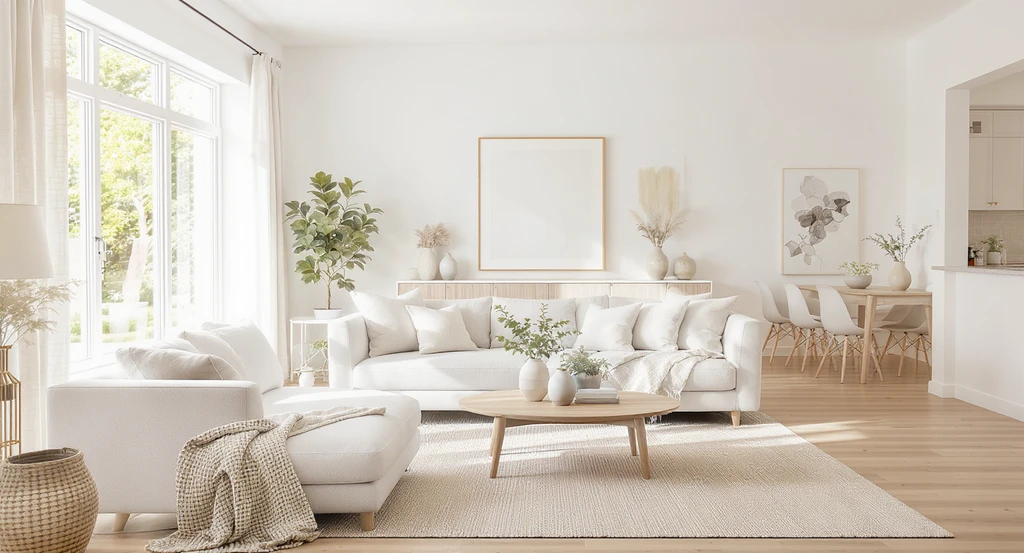 Neutral, sunlit living room with warm whites, greige, beige, and natural wood—ai home design trends 2026, ai-powered virtual staging for premium homes.