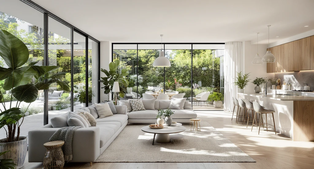 AI home design trends 2026: a photorealistic, open-plan living space staged with premium AI-powered virtual tools, showing how AI visualizes modern living, decluttered surfaces, modular furniture, and wellness-centric interior design.