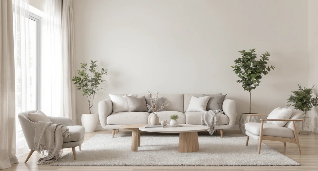 Photorealistic modern living room staged with best neutral colors for home staging, illustrating why neutral interiors sell faster by reducing buyer hesitation and enhancing listing photos through a clean, universally appealing space.