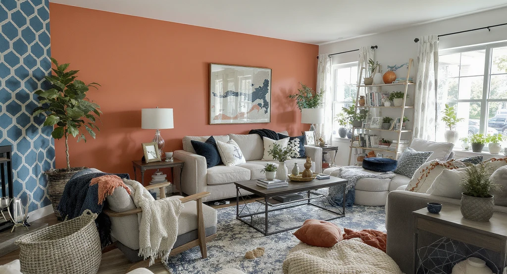 A cluttered living room with mismatched oversized furniture, bold accent walls, and excessive decor, illustrating how neutral interiors sell faster and how neutral decor impacts listing photos by reducing buyer hesitation.
