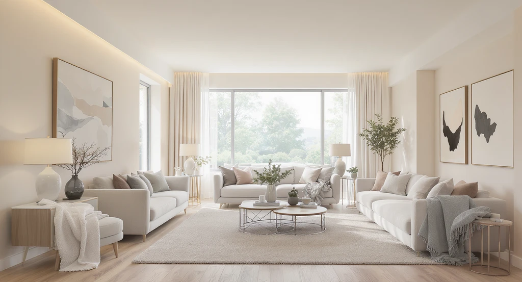 Spacious living room in warm neutral colors with light wood floors, large windows, and soft furnishings. Shows why neutral interiors sell faster and the best neutral colors for home staging through natural light and open space, reducing buyer hesitation.