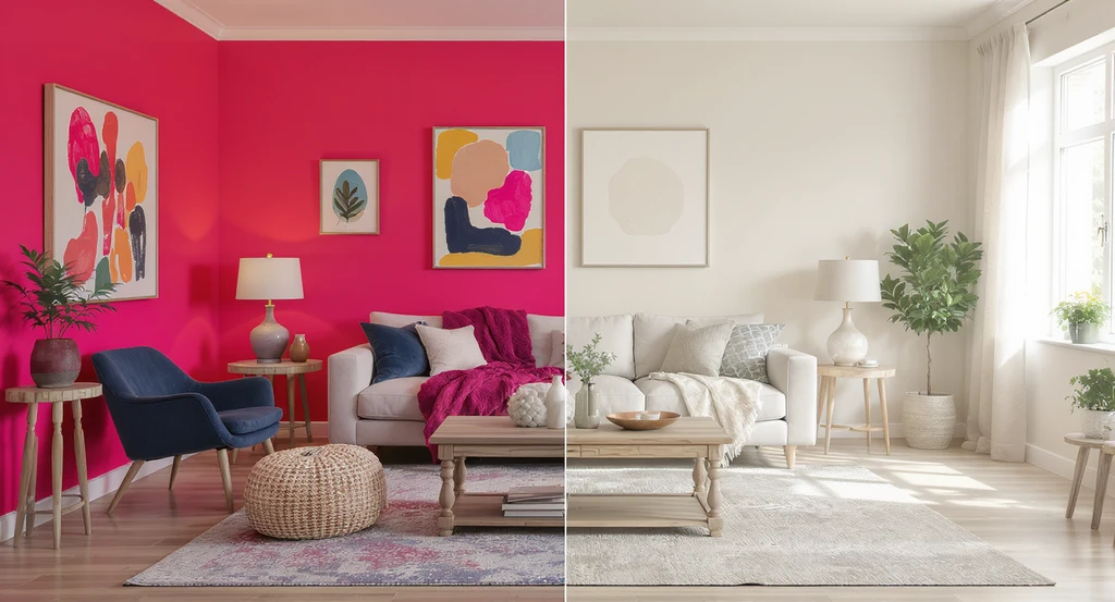 A living room split into two halves: one with bold, personalized décor, the other with a neutral, minimalist design. Showcases why neutral interiors sell faster, how neutral decor impacts listing photos, and reducing buyer hesitation with neutral design for virtual staging.