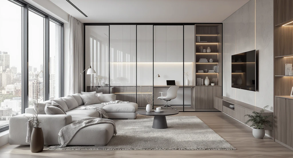 Multi-functional living space rendered by ai-powered home design visualization tools, showing broken-plan living with modular furniture, clever zones, and built-in storage, illustrating how ai transforms interior design trends and virtual staging with artificial intelligence for modern compact homes.