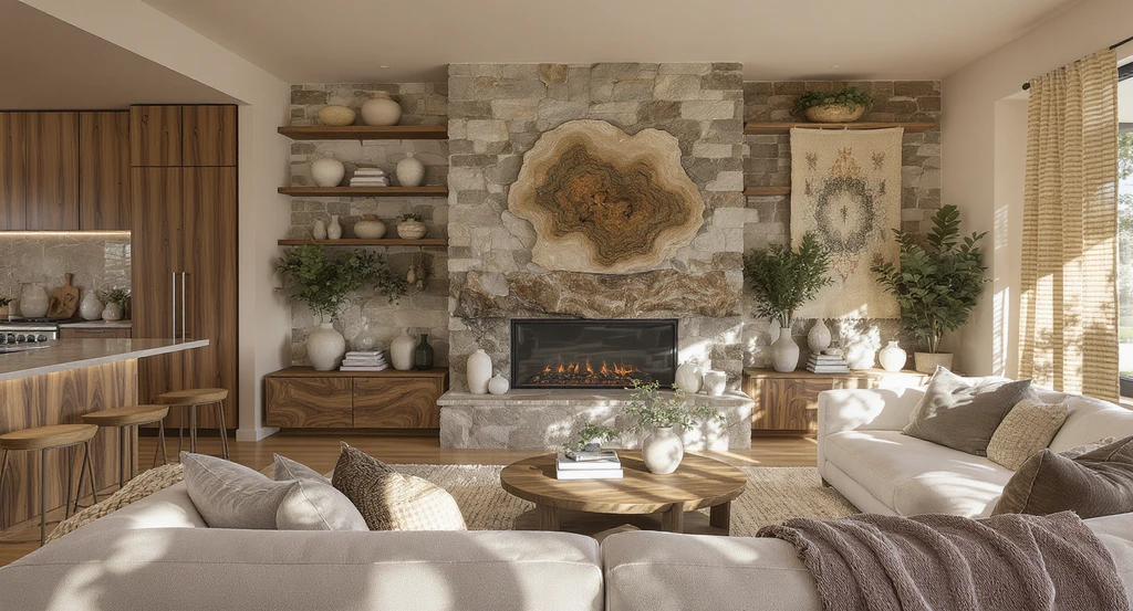 Warm, textural living room with walnut wood cabinetry, burl wood accents, stone fireplace, linen sofa, woven tapestries, and stainless steel kitchen elements—created using ai-powered home design visualization tools for showcasing how ai transforms interior design trends through virtual staging with artificial intelligence.