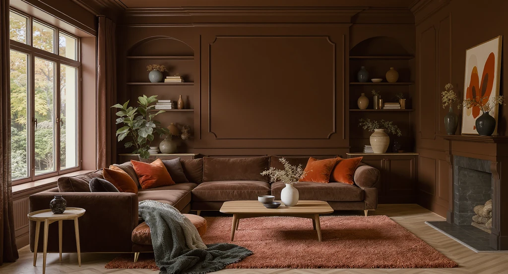 Virtual staging with artificial intelligence shows a 2026 color trend living room: chocolate brown walls, terracotta rug, and muted jewel accents. AI-powered home design visualization tools illustrate how AI transforms interior design trends for real homes.