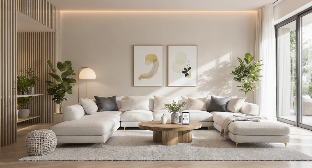 Modern living room styled with modular furniture, built-in smart lighting, and a digital tablet showcasing ai-powered home design visualization tools and virtual staging technology.