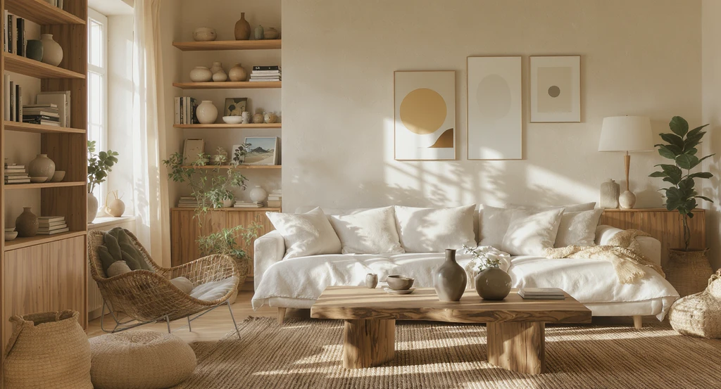 Warm minimalism living room visualized with ai-powered home design tools: textured plaster walls, open shelves of ceramics, vintage accents, visible handcrafted details.