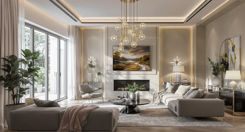 Photorealistic living room staged with layered lighting—sculptural pendants, recessed ambient, and task lamps—showing how ai transforms interior design trends.