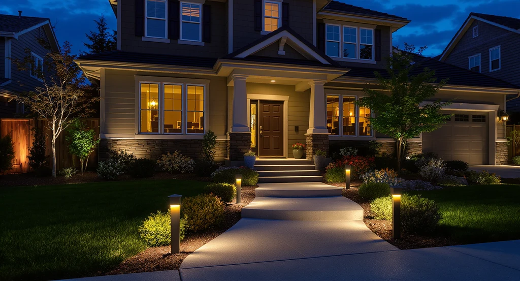 Modern front yard with elegant landscape lighting showing illuminated walkway, accent-lit plants, and home facade, illustrating landscape lighting ideas for curb appeal and how outdoor lighting increases home value.