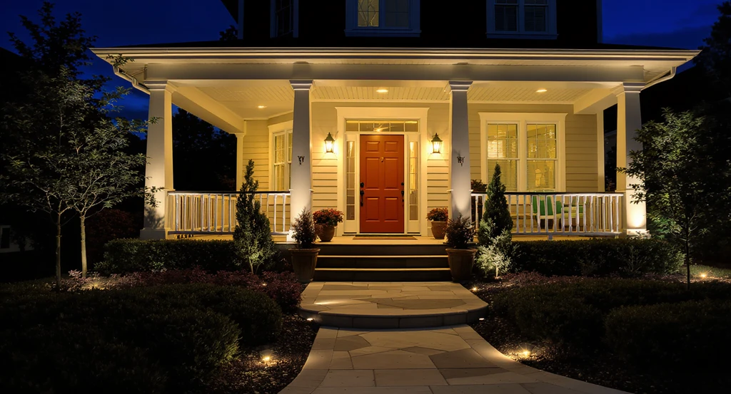 Elegant landscape lighting enhances curb appeal by illuminating a home's architectural features and pathways with spotlights and sconces at night.