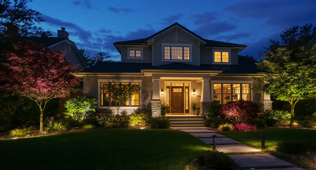 Modern home's front yard at twilight with strategically placed landscape lighting highlighting shrubs, stone pathway, and entryway, exemplifying landscape lighting ideas for curb appeal and how outdoor lighting increases home value.