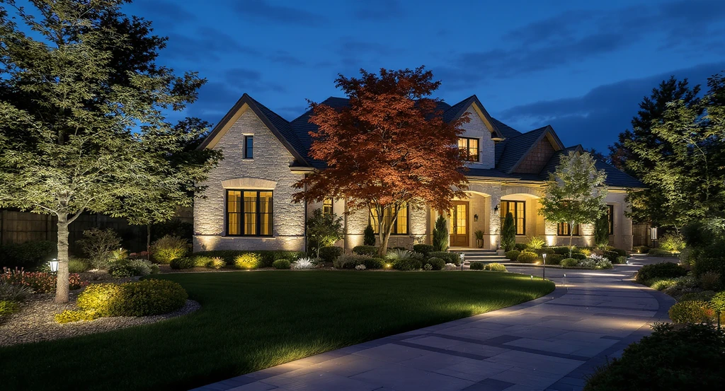 Contemporary home exterior at dusk with pathway and facade illuminated by landscape lighting, showcasing curb appeal and how outdoor lighting increases home value.