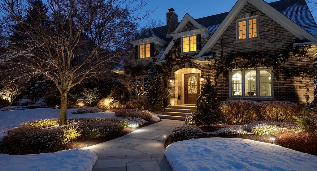 Layered outdoor lighting in a residential front yard combines uplights, path lights, and wall washers, showcasing effective landscape lighting ideas for curb appeal and illustrating how outdoor lighting increases home value in all seasons.