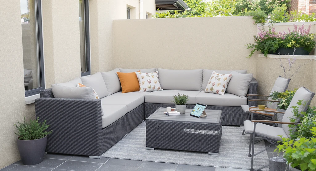 Spring balcony shade design ideas—realistic balcony scene with modular weather-resistant seating, low tables, and digital layout tools for a seasonal refresh.