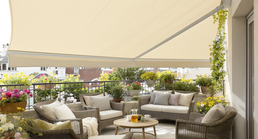 Photorealistic spring balcony with retractable shade awning, rattan chairs, pastel cushions, seasonal flowers, and stylish refresh ideas for spring.