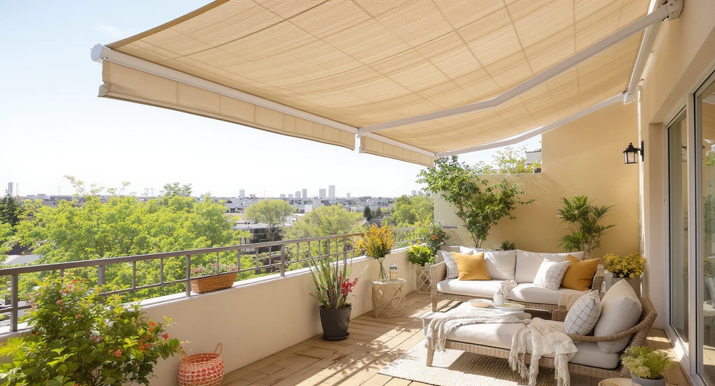 Photorealistic spring balcony with a beige retractable shade, modern seating, and lush plants, illustrating spring balcony shade design ideas.