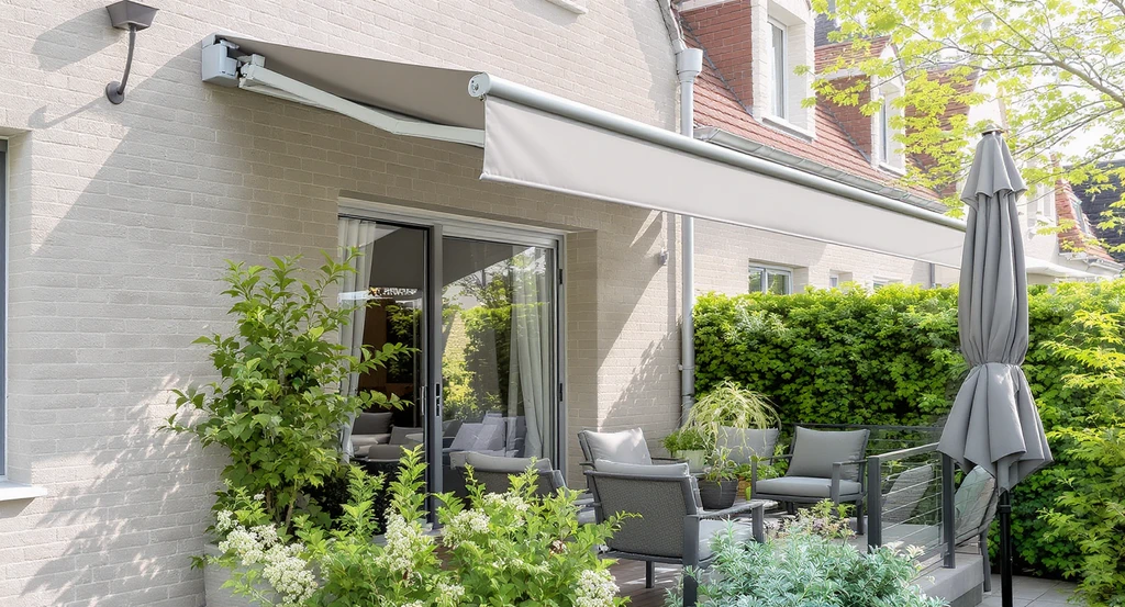 Spring balcony shade design ideas shown: a retractable awning, outdoor curtains, tilt umbrella, and potted plants create layered shade for a comfortable, inviting outdoor retreat.