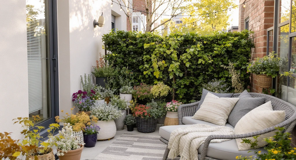 Bright spring balcony styled with potted flowering plants, a soft outdoor rug, textured pillows, and fairy lights, illustrating seasonal balcony refresh tips for spring.