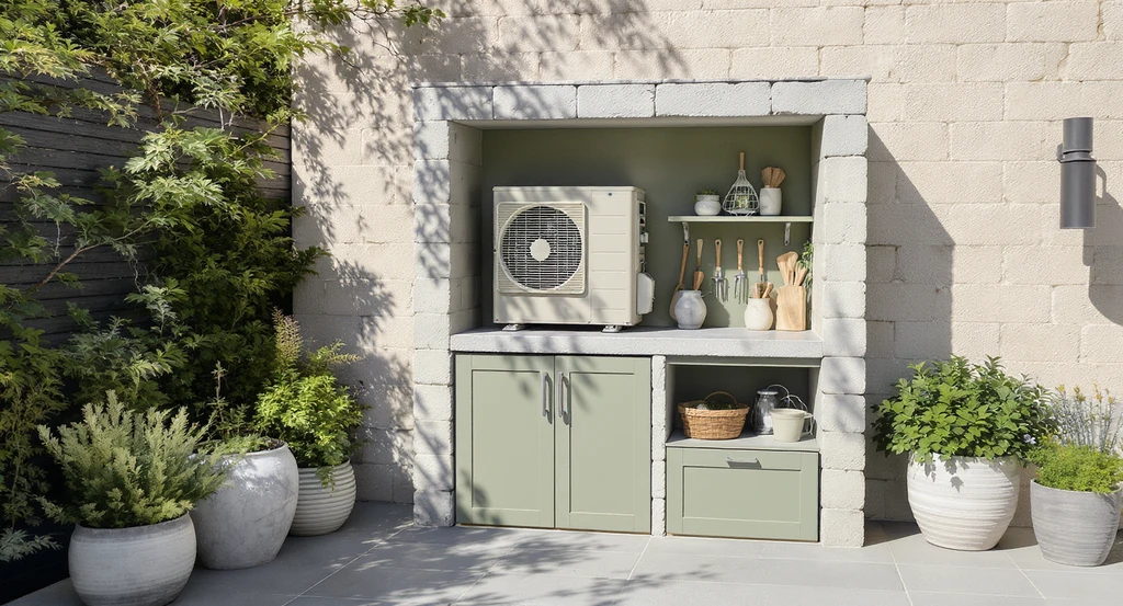 How to hide split AC outdoor unit using creative exterior solutions: a custom enclosure with decorative concrete blocks, painted in muted greens and taupes, blending into a modern patio setting with storage and a potting bench.