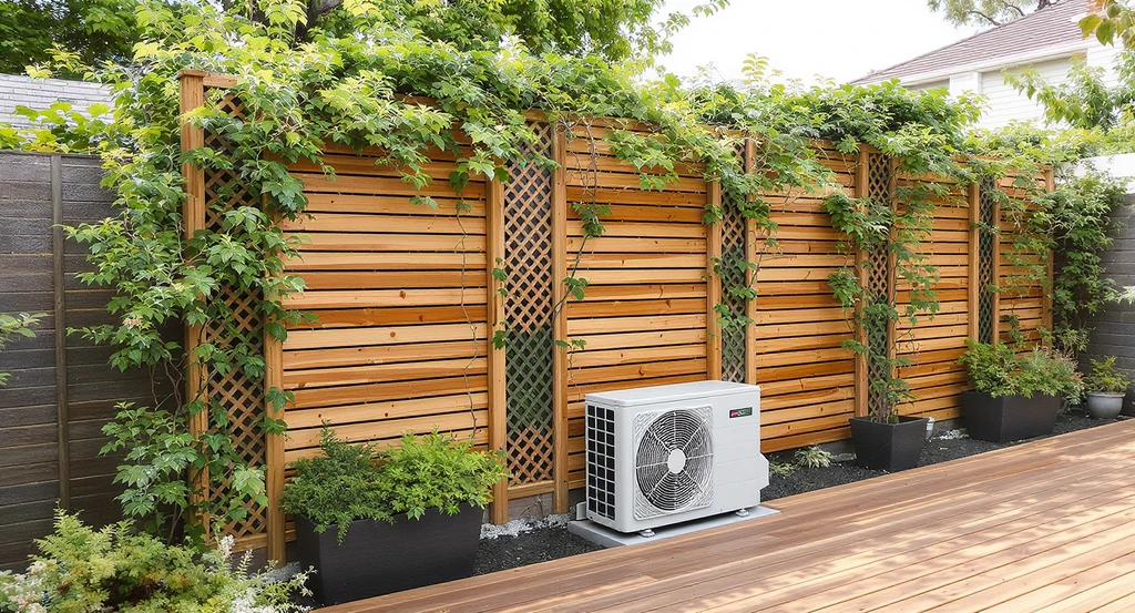 Modern backyard shows how to hide split AC outdoor unit with creative exterior solutions: wooden latticework screen, cedar slats, and greenery.