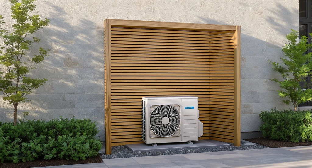 Modern creative exterior solution to hide split AC outdoor unit using a wooden slatted screen, blending seamlessly with home landscaping and stone wall.