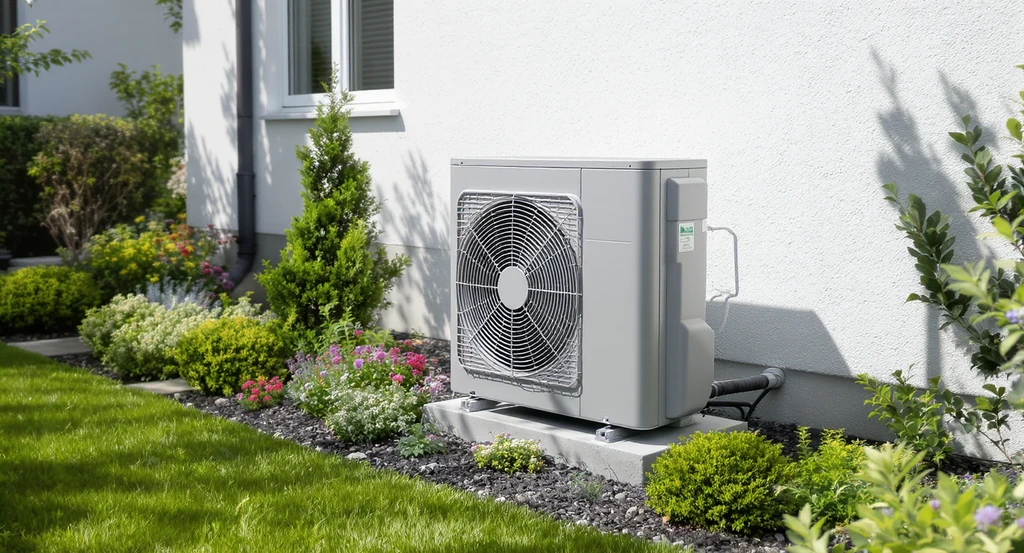 A split AC outdoor unit sits exposed against a modern home's exterior wall, disrupting a neatly landscaped garden. This shows how to hide split AC outdoor unit with creative exterior solutions for ac units.