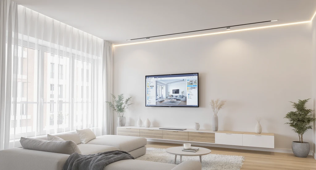 Modern living room with low ceilings, AI-powered interior design software on tablet, bright finishes, tall sheer curtains, and minimal LED lighting.