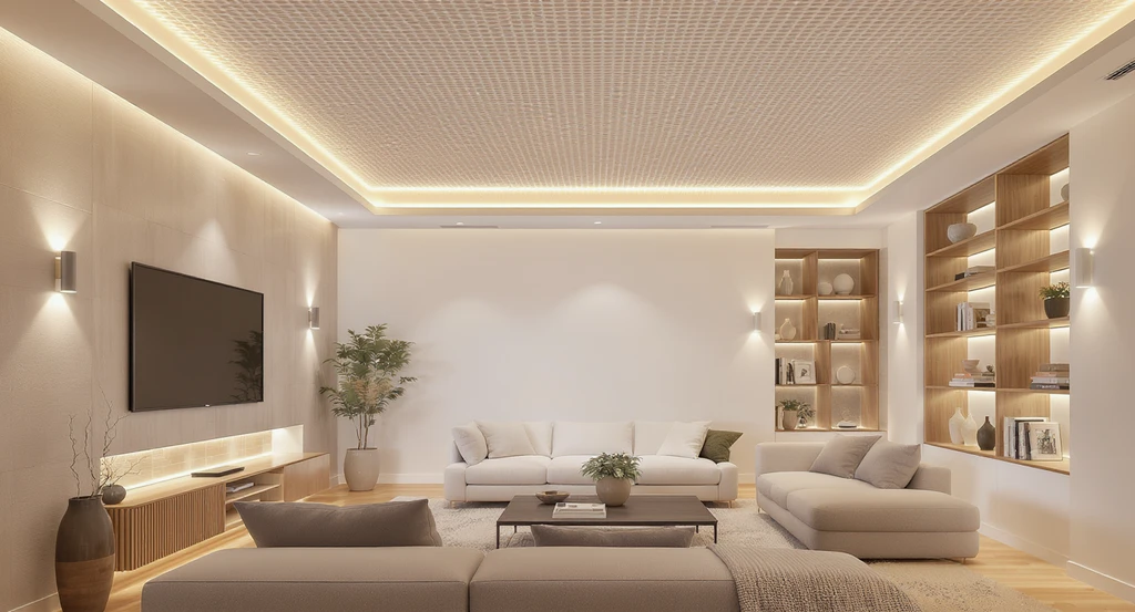 Editorial-quality ai interior design for low ceilings, featuring layered lighting, uplights, downlights, perimeter sconces, and illuminated paper ceiling patterns.