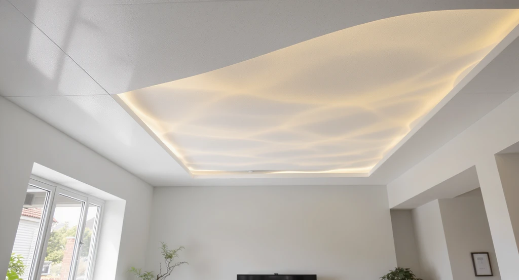 Modern living room featuring a low ceiling clad in translucent Drop Paper®, diffusing natural and artificial light for ai interior design for low ceilings.