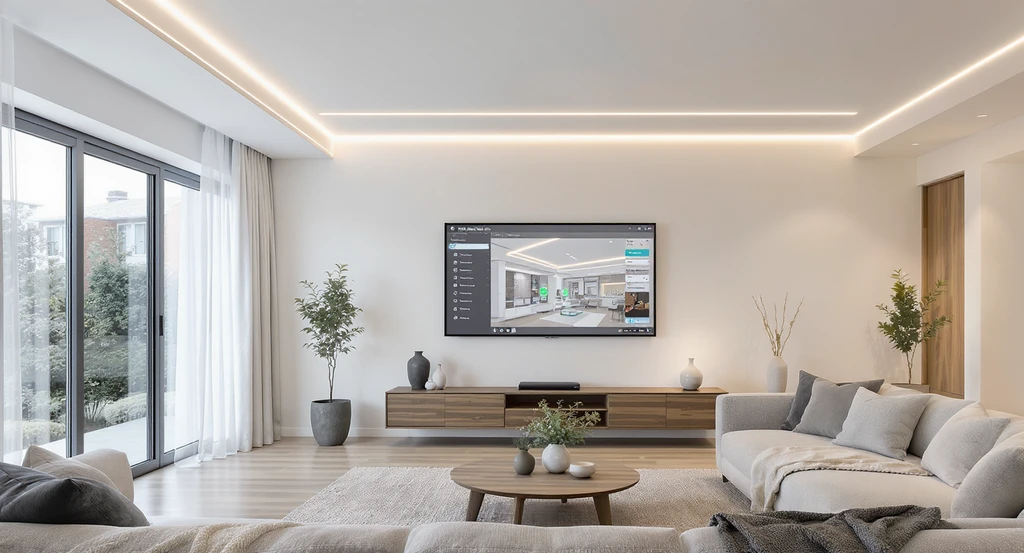 Modern low-ceiling living room using ai interior design tools, featuring custom drop stripe panels and LED lighting planned within budget constraints.