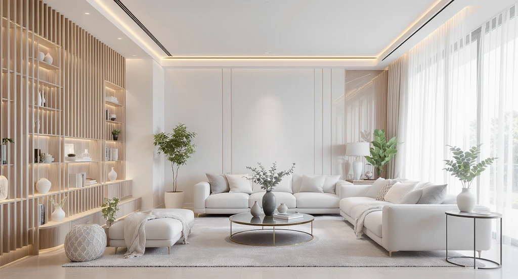Modern living room designed using AI interior design for low ceilings, featuring tall shelving, neutral colors, and ample natural light for a brighter, bigger space.