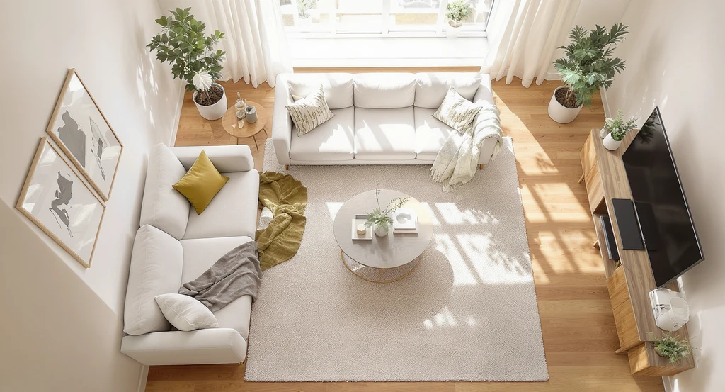 Ultra-realistic, overhead view of a modern living room with AI-optimized layout, open flow, and neutral-toned furniture, illustrating how AI home design changes interior layout and enhances comfort using virtual staging AI for space planning in 2026.