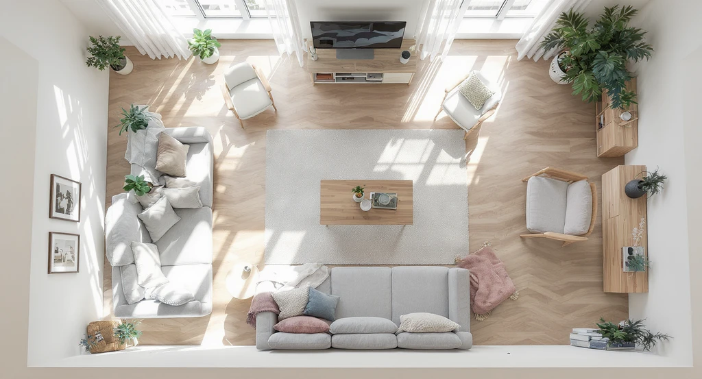Photorealistic overhead view of a well-organized living room layout, showcasing optimized furniture placement, clear pathways, and logical zones for how ai home design changes interior layout and ai tools for optimized room flow in 2026.