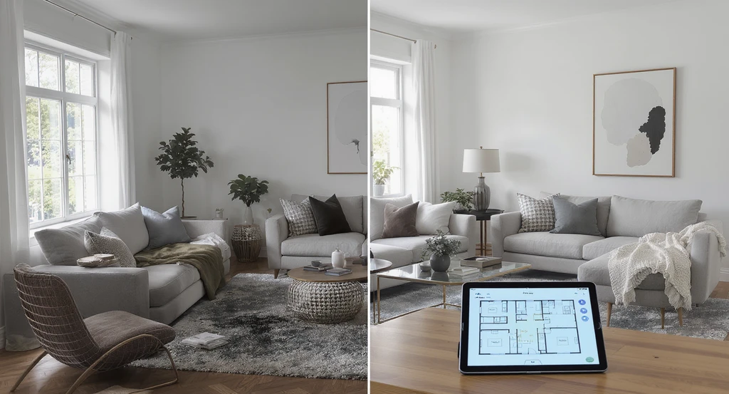 Photorealistic split-view of a living room highlighting how AI home design tools optimize interior layout for better room flow using virtual staging. Visible on a tablet is a best AI interior design platform for 2026, demonstrating ai home design’s impact on furniture placement.