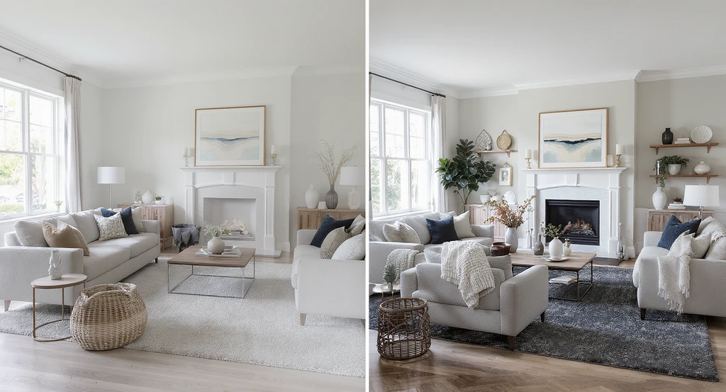 Photorealistic modern living room split view, illustrating how AI home design tools optimize interior layout, enhance room flow, and support virtual space planning with best AI platforms for 2026—demonstrating if AI can replace furniture selection.