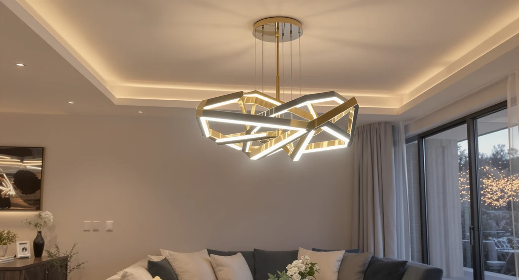 Modern living room with a bold LED chandelier featuring geometric design, warm light, and dimmable controls, showcasing contemporary LED chandelier technology.