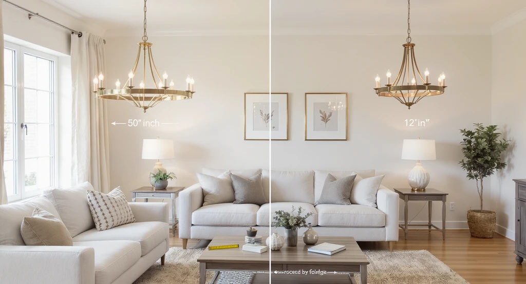 Photorealistic living room showing three chandelier sizes—oversized, undersized, and ideally scaled 30-inch fixture—demonstrating chandelier scale and sizing tips.