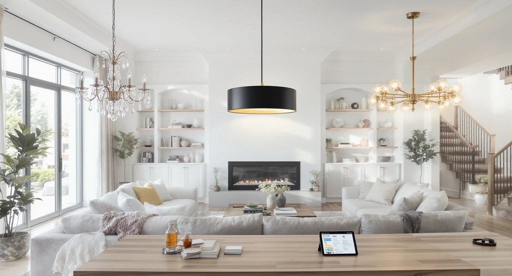 Modern living room with three distinct chandeliers displayed side by side, showcasing chandelier selection and lighting options for living rooms.