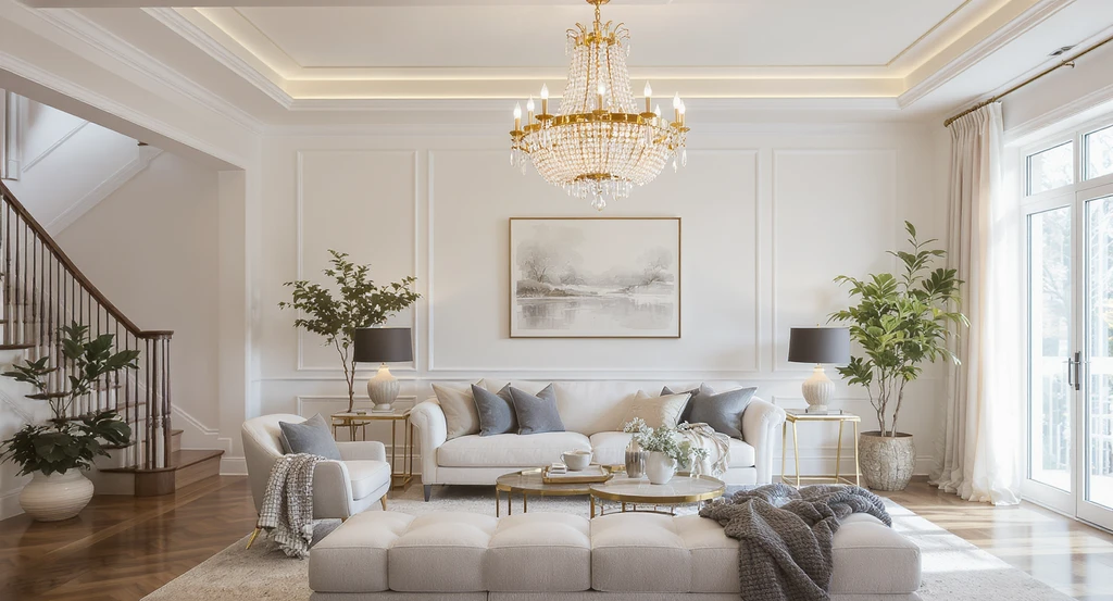 Modern living room with a crystal chandelier as the focal point, elegant seating, and decor, showcasing chandelier selection for living rooms.