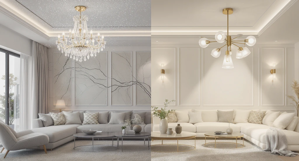 Modern living room with an upward-facing crystal chandelier casting ambient light and a downward-facing shaded chandelier offering direct illumination, highlighting glitter versus glare in living room chandelier lighting.