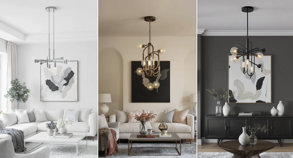 A modern living room displays three realistic chandeliers in chrome, bronze, and matte black finishes, each complementing distinct interior styles and nearby hardware.