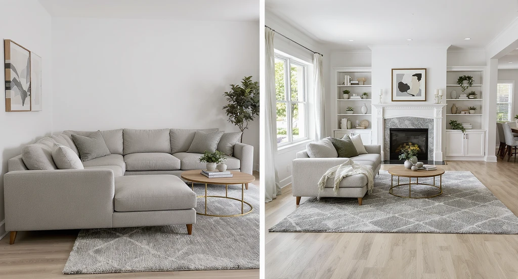 Modern living room showing expert sofa placement rules with one sofa against the wall and another optimally floated, illustrating best sofa and rug layout.