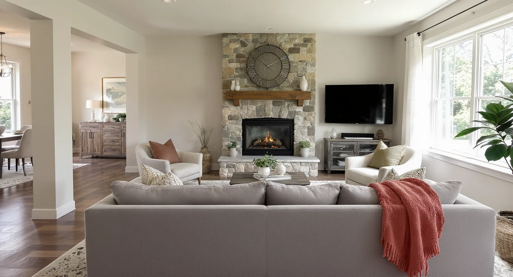 Modern living room showing expert sofa placement: sofa centered facing fireplace and TV, defining the space, optimal for small open concept layouts.