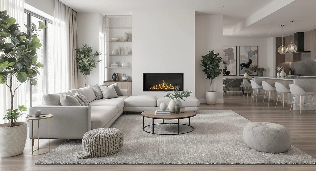 Expert living room sofa placement rules shown: L-shaped sectional faces a fireplace, optimal sofa layout zones open space, rug placement is ideal.