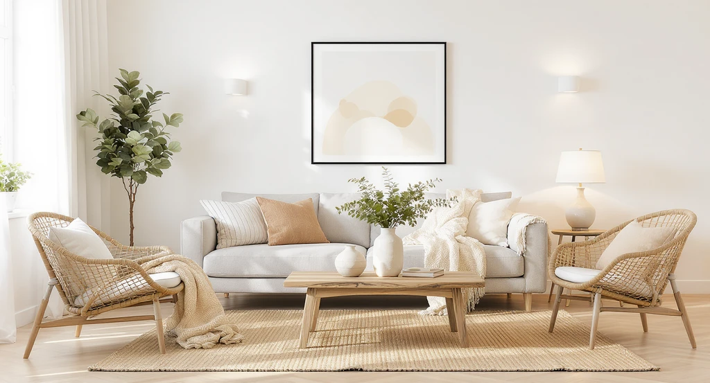 Photorealistic living room showcasing home design for white interiors with layered warm whites, textured textiles, wood accents, greenery, and warm lighting.