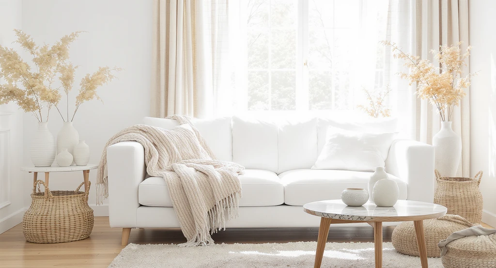 Home design for white interiors, showing a white living room warmed by wood accents, cozy throws, baskets, ceramics, and patterned curtains.