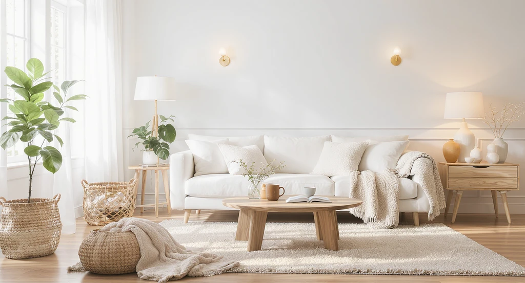 Home design for white interiors—a cozy, lived-in modern living room with warm woods, soft textures, layered textiles, and natural accents for warmth.