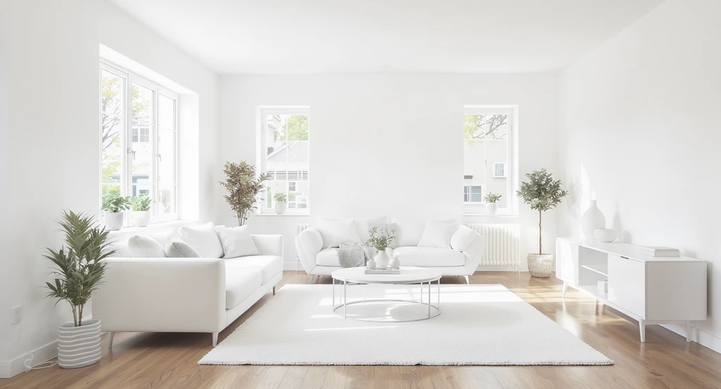 Minimalist living room with bright white walls, white sofa, and hardwood floors, illustrating how to make white walls feel cozy by avoiding a sterile look with white decor.