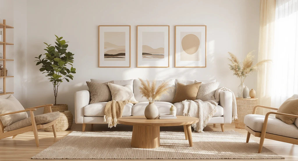 How to make white walls feel cozy, avoiding sterile look with white decor. Living room with white walls, layered textures, wood accents, and soft lighting.