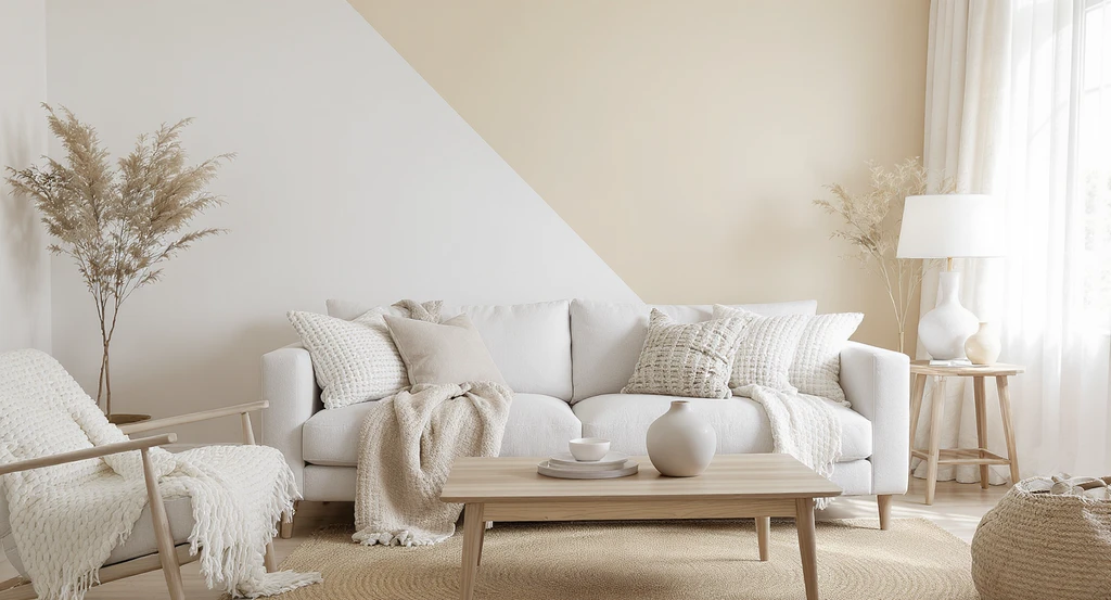 Layered white living room showing how to make white walls feel cozy by avoiding a sterile look with textured white decor and nuanced shades.
